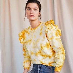 Clare V Yellow Tie-Dye Ruffle Shoulder Sweatshirt